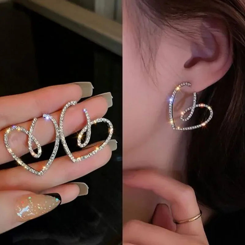 Stud Earrings Heart Shape For Women Shining CZ Zircon Hollow Out Design Big Wedding Earring Girl Temperament Jewelry stud earrings