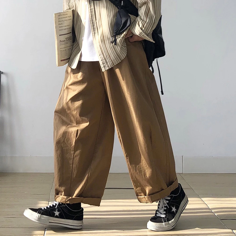Men Solid Wide Leg Pants Amekaji Casual Elastic Waist Oversized Baggy Lantern