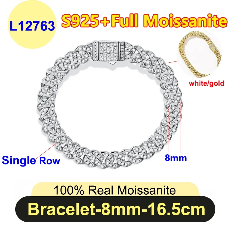 Yeni 6/8mm Hip Hop Takı Erkek Mozanit Bileklik Zinciri Unisex Tam Mozanit Küba Zinciri 925 Gümüş Kaplama 18 Ayar Altın Hediye