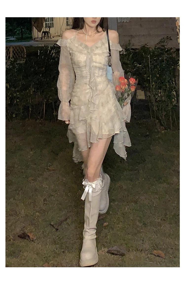 Y2K Ruffles Irregular Short Dress Women Summer New Tie Dye Flare Sleeves Spring Elegant Party Dress Prom Robe Halter Vestidos