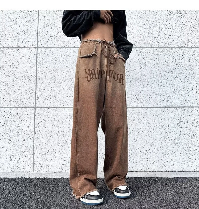 

Brown Vintage Grunge Jeans Female 90s Street Style Wide Leg Trousers Man High-waisted Straight-leg Y2k Hip Hop Denim Pants