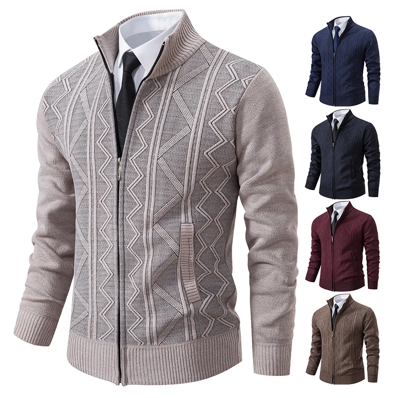 Thickened jacket men's autumn and winter warm trend line stand collar knitted cardigan sweater coat 2