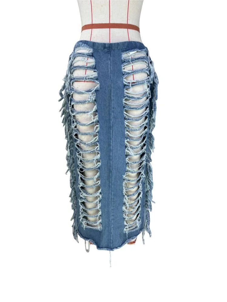 Wmstar Women Skirt Summer Trendy Sexy Vintage High Waist A- line Bodycon Personalized Slimming Slit Fringe Denim Lady Dresses