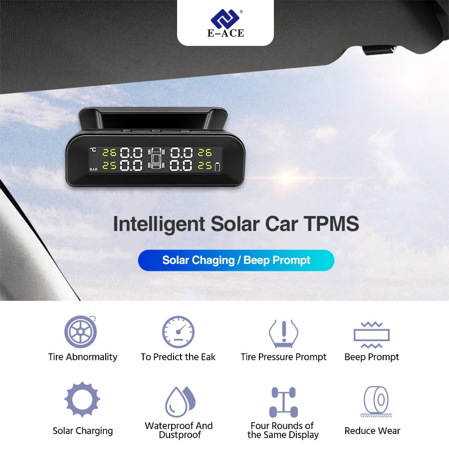 E-ACE Car Tire Pressure Monitor System Automatic Brightness Control Attached To Glass Wireless Solar Power Tpms With 4 Sensors