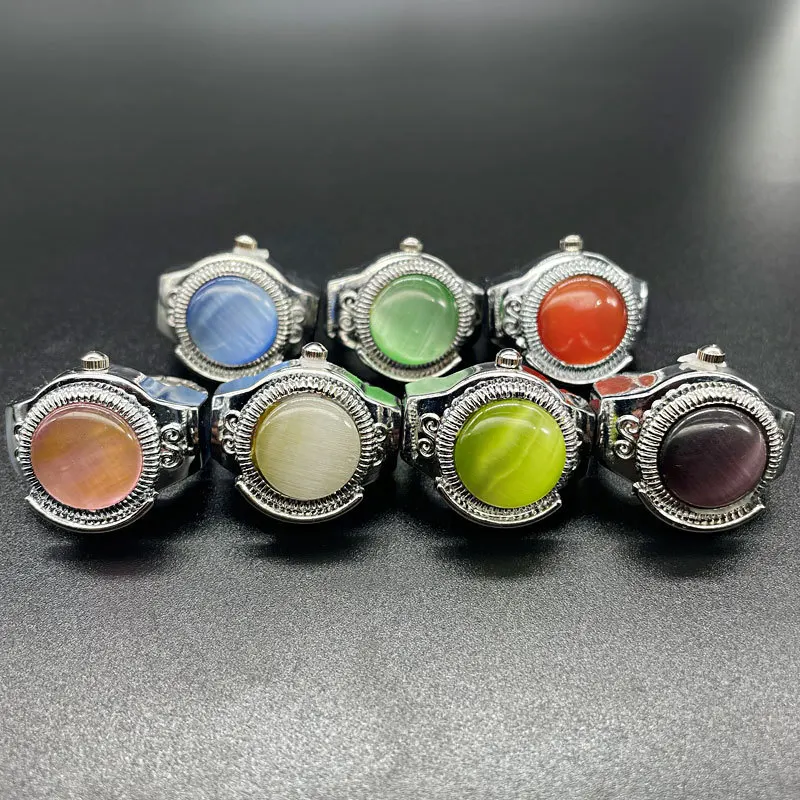 Opal Gemstone Pocket Quartz Watches Finger Rings Women Men Couple