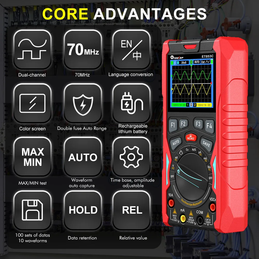 ET853C 2CH Oscilloscope Multimeter Signal Generator 3in1 70MHz Bandwidth 20000 c