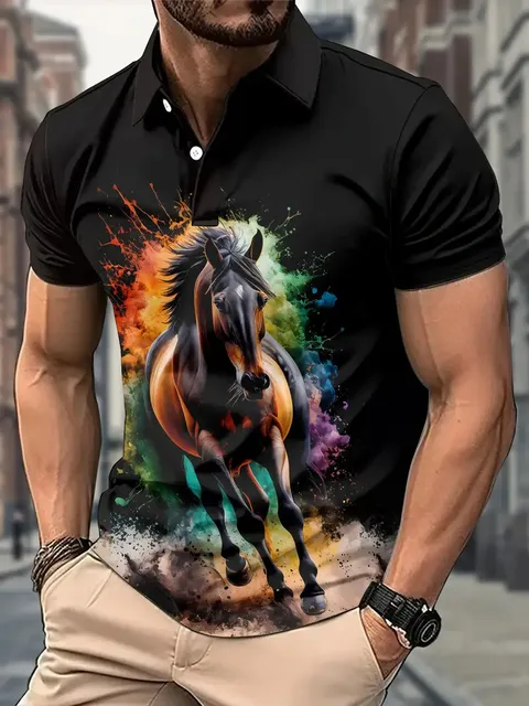 Men's Polo shirt Animal Graphic Print Outdoor Casual O Neck fine horse Short Sleeve Street Fashion  Male Oversized Clothing 2