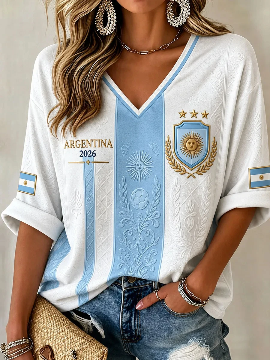 Damen-Argentinien-Fußball-T-Shirt mit Mittellangen Ärmeln und V-Ausschnitt, Kulturelles Fußball-T-Shirt