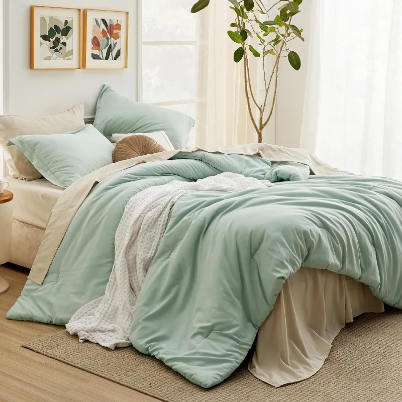 

Queen Comforter Set Sage Green, 7 Pieces Soft Comforter for Queen Size Bed with Sheets, Pillowcases & Shams, All Season Boho Bed