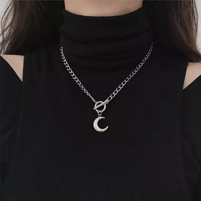 Choker Necklace Multi Chains Gothic Style Cool Short Moon Shape