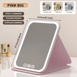 Portable LED Vanity Mirror with Adjustable Brightness and USB Charging | Foldable Travel and Home Essential - ABS (Pink Big)