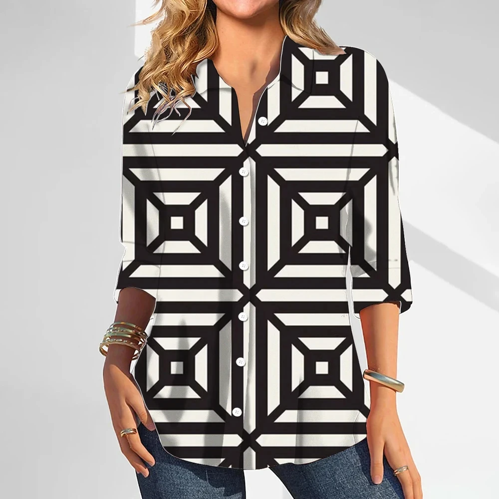 Retro Women's Spring and Summer Casual Shirts Plaid 3D Printed Buttons Large Size Long Sleeve Fitted 2024 New Tops