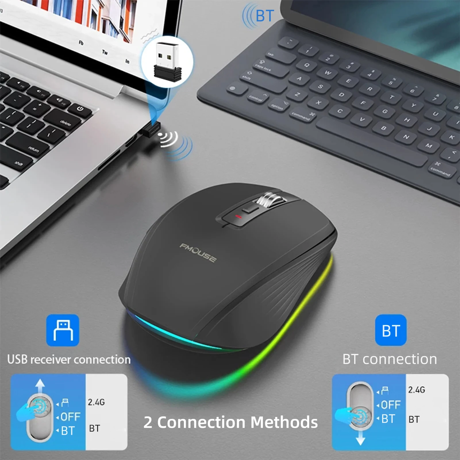 2.4G BT5.1 Dual-mode Wireless Mouse Computer Gaming Mice Ergonomic Design 2400 DPI Mute RGB Gaming Mouse for Laptop Computer gaming mouse wireless mouse wireless gaming mouse ergonomic mouse