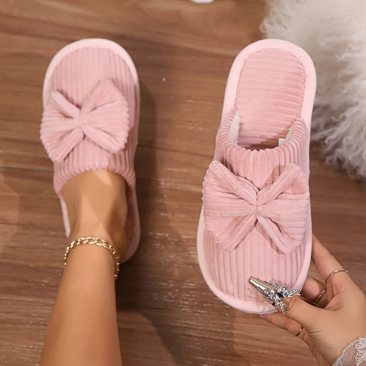 Fashion Women Bow Slippers Fall/Winter Indoor Bedroom Floor Lightweight and Comfortable Soft Warm Slippers for Home Zapatos