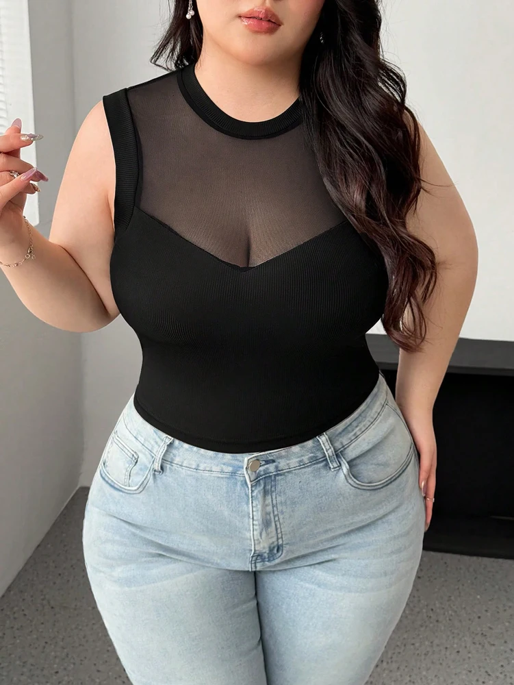 Plus Size Women’s 2025 Summer New Sleeveless Round Neck Mesh See Through Sexy Mesh Splicing Black Blouse T Shirt Polyester Best Sellers In Women's Clothing