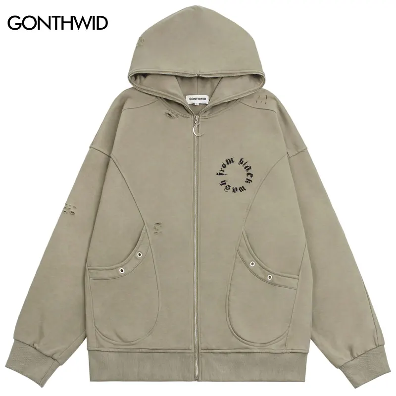 

Vintage Zipper Hoodie Jacket Streetwear Hip Hop Ripped Hole Full Zip Up Emo Hooded Sweatshirt 2023 Fashion Oversized Punk Coat