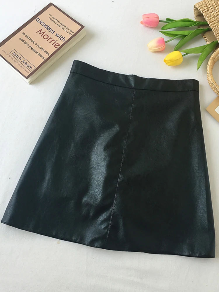 Ailegogo Spring Summer Women High Waist Mini Pu Leather Skirt Casual Female A-line Solid Zipper Faux Leather Skirts OL Bottoms Skirts Skirts