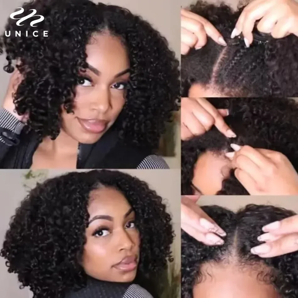 Unice Hair Kinky Curly V Part Pruik Human Hair Upgrade Upart Wig No Leave Out Dun Deel Natuurlijk Haar Pruik I-Part Pruik V-Part Pruik