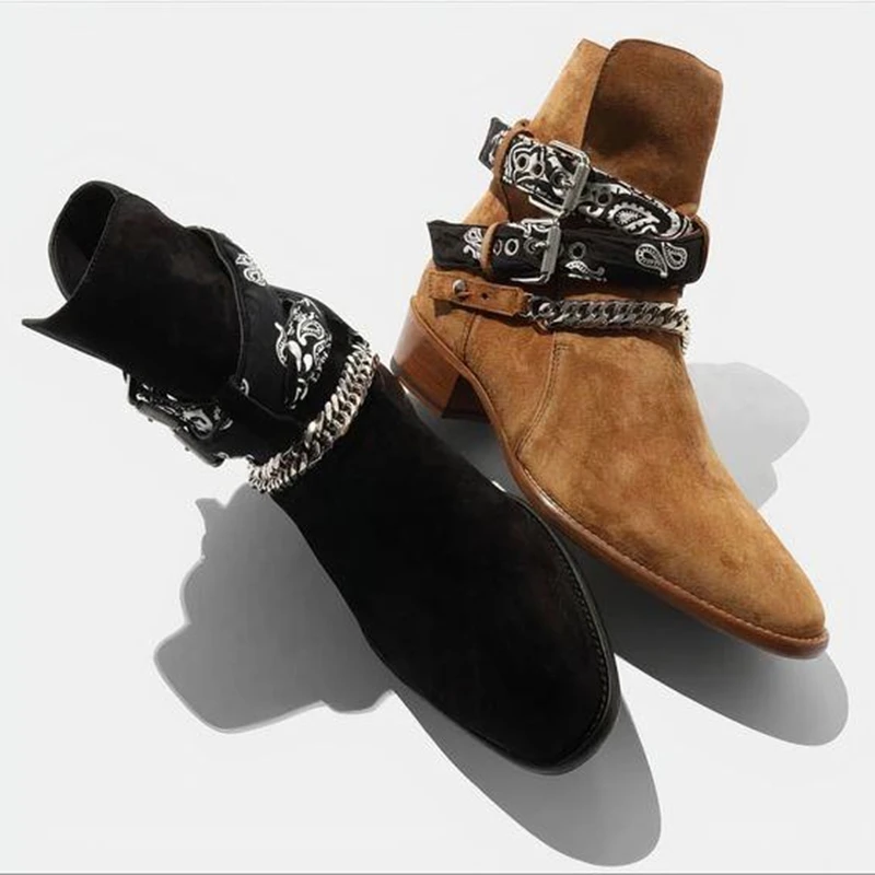 Men Black Short Boots Brown Flock Buckle Strap Round Toe Ankle Boots Business