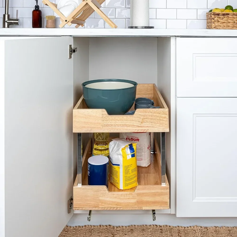 2 Tier Pull Out Cabinet Organizer Solid Wood Basket storage
