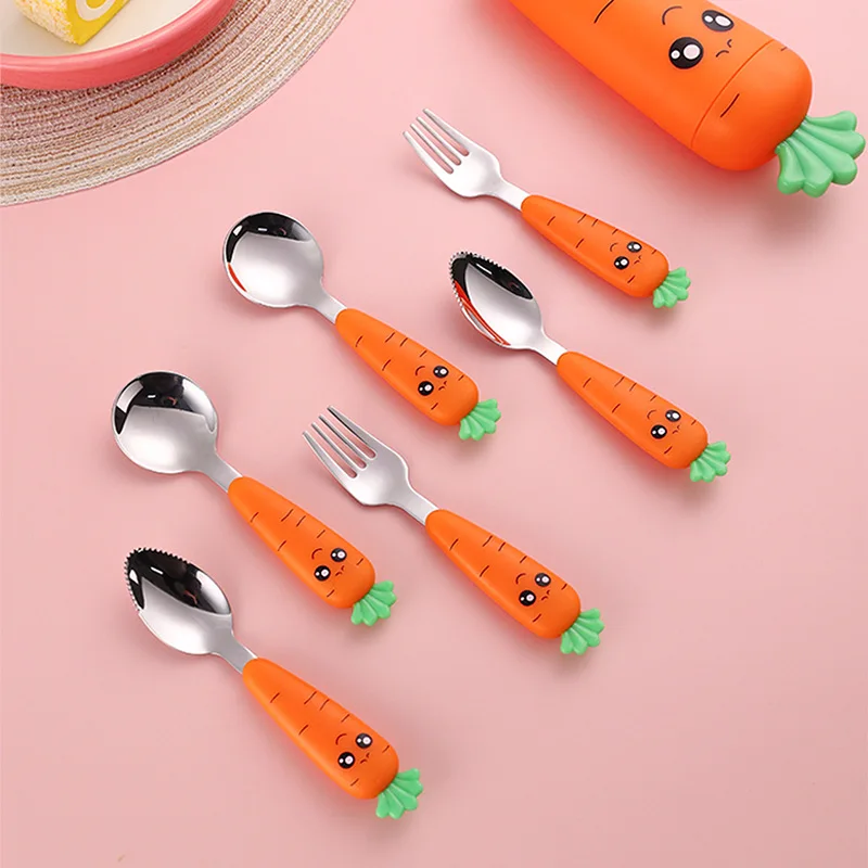 1PC/1set carrot set children's tableware stainless steel spoon and fork cutlery box baby feeding kitchen tableware supplies