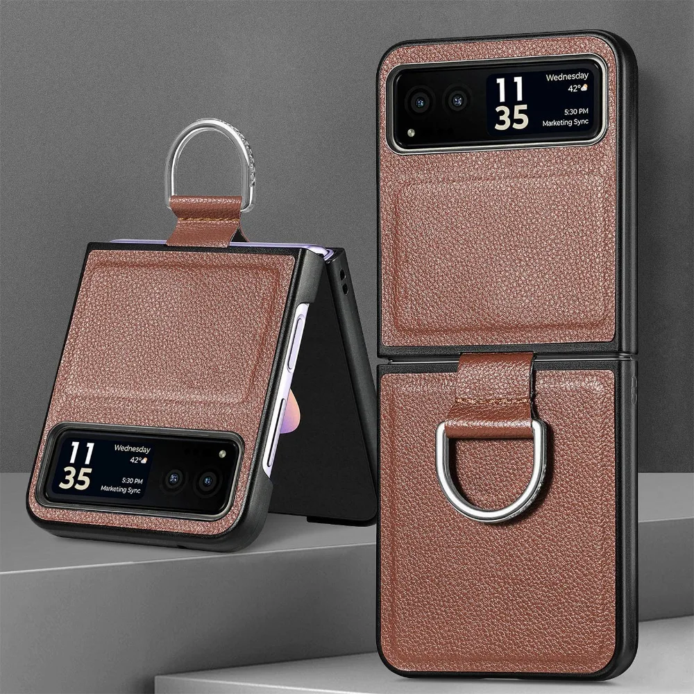 Elegant Lychee Pattern PU Leather Folding Phone Case with Ring