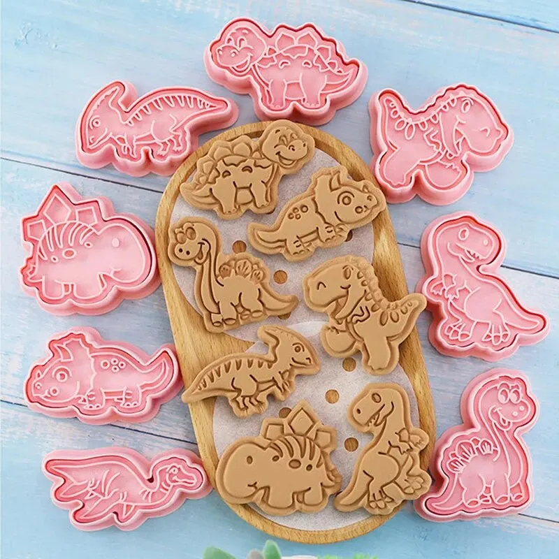 Cookie Cutter 8Pcs Dinosaur Cookies Cutters Plastic Cartoon Pressable Biscuit Mold Confectionery Cookie Stamp Kitchen Baking Pastry Tools