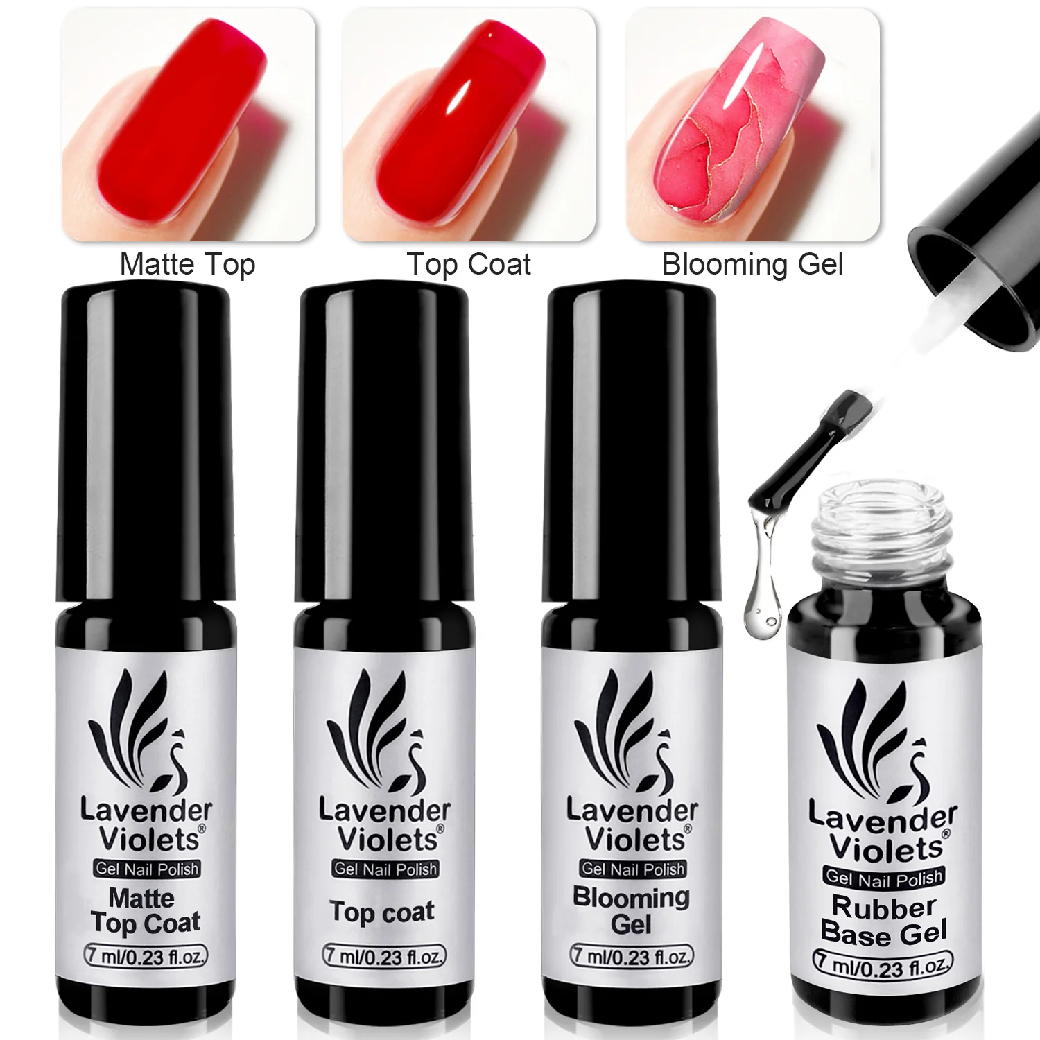4pcs 7ml Blooming Gel & Matte Top Coat & Glossy Top Coat Rubber Base Gel Soak Off Nail Polish forNail Art Design