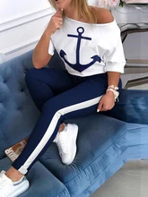 sweatsuits for women skew Neck Half Sleeve anchor print Tops & Colorblock Drawstring Pant streetwear womens two piece sets 