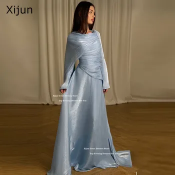 Xijun Elegant Sky Blue Long Evening Dresses Pleated A-Line Formal Prom Dresses Cape Sleeve Luxury Dubai Prom Gowns Customized 1