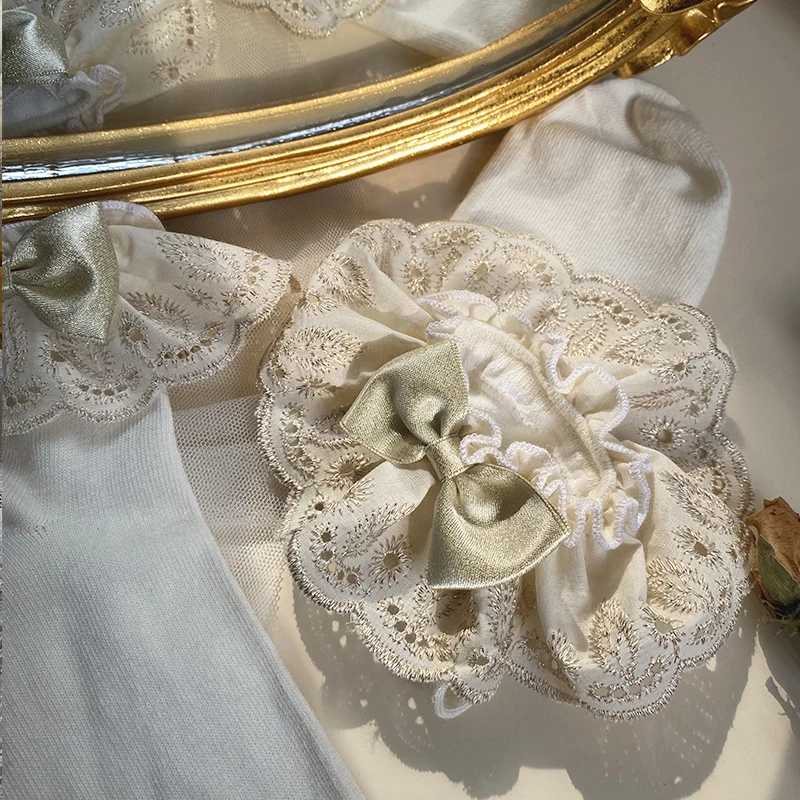 Retro Lace Embroidered Bow Champagne Gold Lace Pure Cotton Socks Lolita Maiden Girls Lace Socks Spring and Autumn Socks