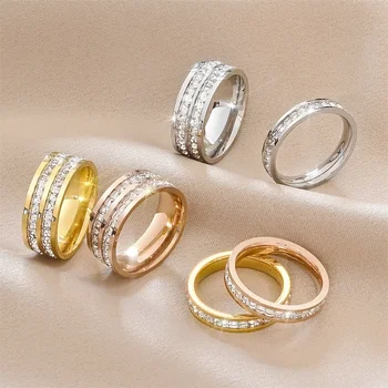 1 and 2 Rows Stones Ring for Women Quality Silver Rose Gold Color Stainless Steel Wedding Ring 1