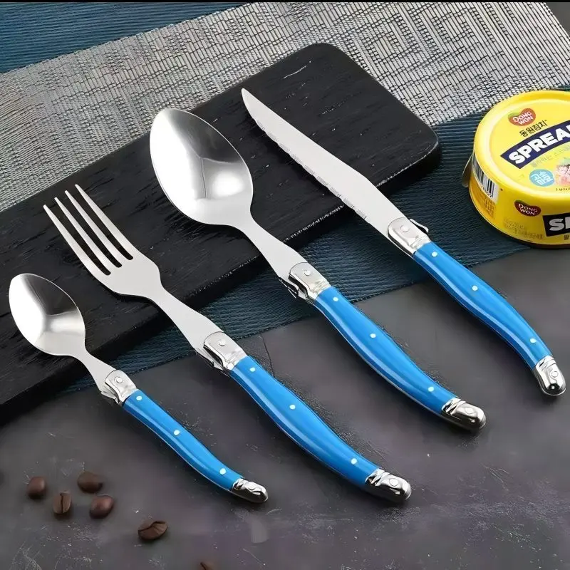 Laguiole-블랙 디너 세트, 레인보우 식기 다채로운 칼 붙이 빨간 플라스틱 손잡이 스테이크 나이프 포크 스푼 티스푼 가정용, 4-24 피스