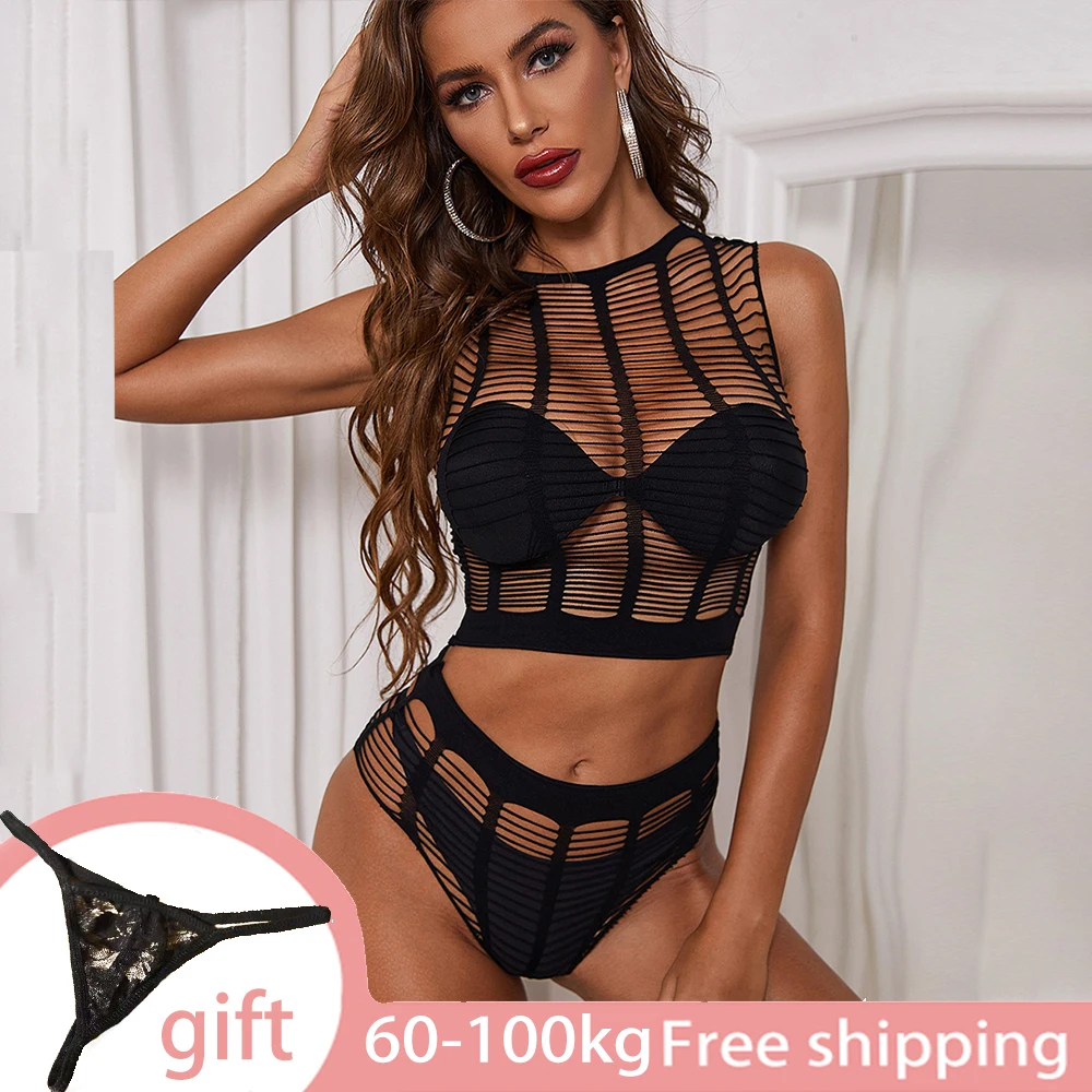 

100KG Sexy Mesh Fishnet Bodysuits Bra Top Pants Set Underwear Intimate Nightwear Erotic Chemises Garter Lingerie for Women