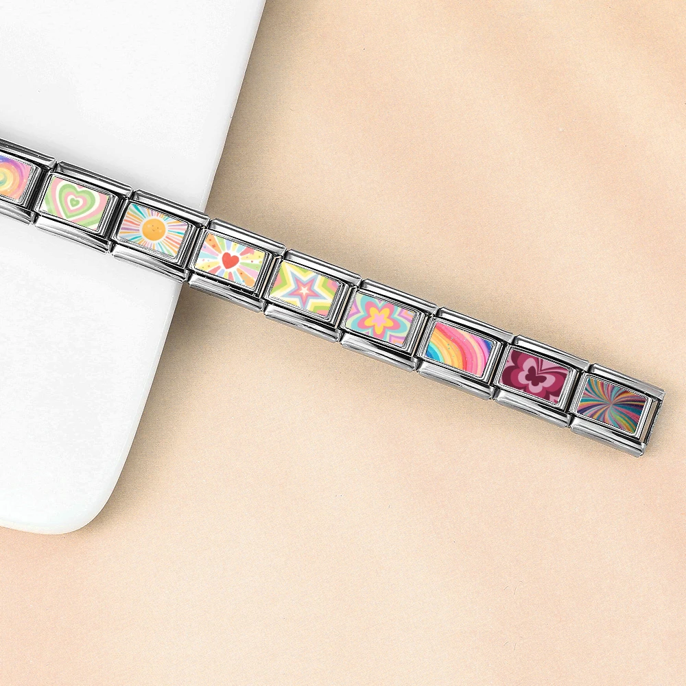 GEMOSA 1 Stück Regenbogenfarbenes Muster Italienischer Charm-Anhänger Passend für 9mm Edelstahl Original-Design Armband Schmuckherstellung DIY – Detail 2