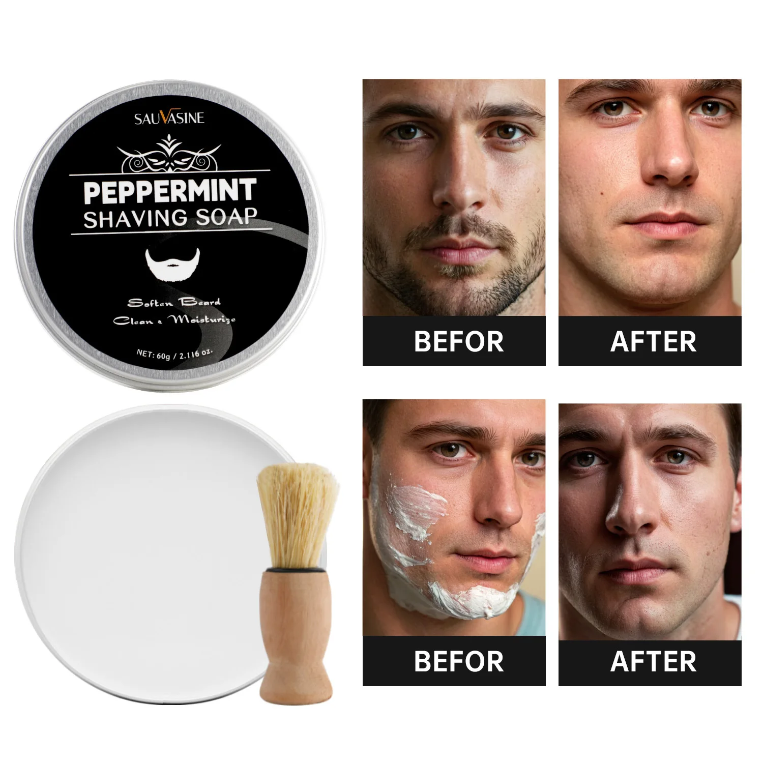 Mint Shaving Cream 60g with Brush Softens Beard for Comfortable Shave Nourishes and Protects Skin Shaving Soap