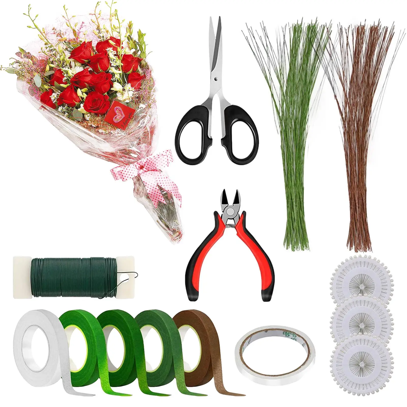 Floral Arrangement Kit Floral Tape and Floral Wire with Cutter Flower  Arrangements Supplies 22 Gauge Paddle Wire 26 Gauge Green Floral Wire  Boutonniere Pin for Bouquets Crafts Wedding Wreath Making