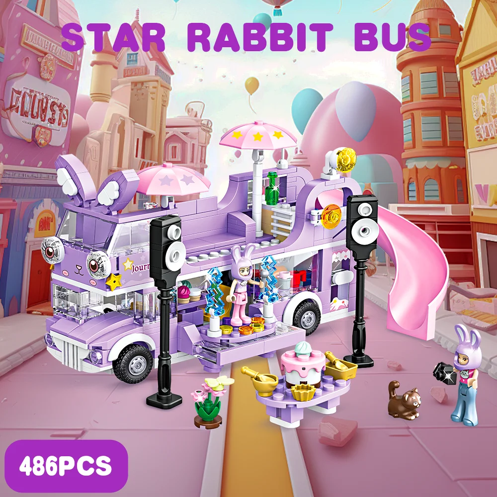 486PCS 이층 스타 Rabit 버스 빌딩 블록 장난감 줄기 장난감 친구 피규어 꽃 크리스마스 보라색 색상 장난감 소녀