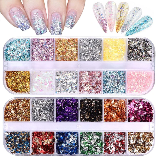 Holographic Nail Glitter for Acrylic Nails, 6Boxes 3D Colorful Shining Nail  Sequins Set Acrylic Nail Accessories for Nail Art Holographic Nail Confetti  Nail Art Supplies Powder Dust for DIY Crafts 