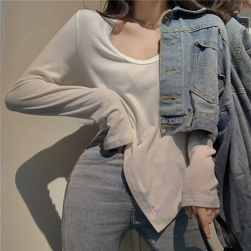 Women Deep V Neck Long Sleeve Slim Tshirt