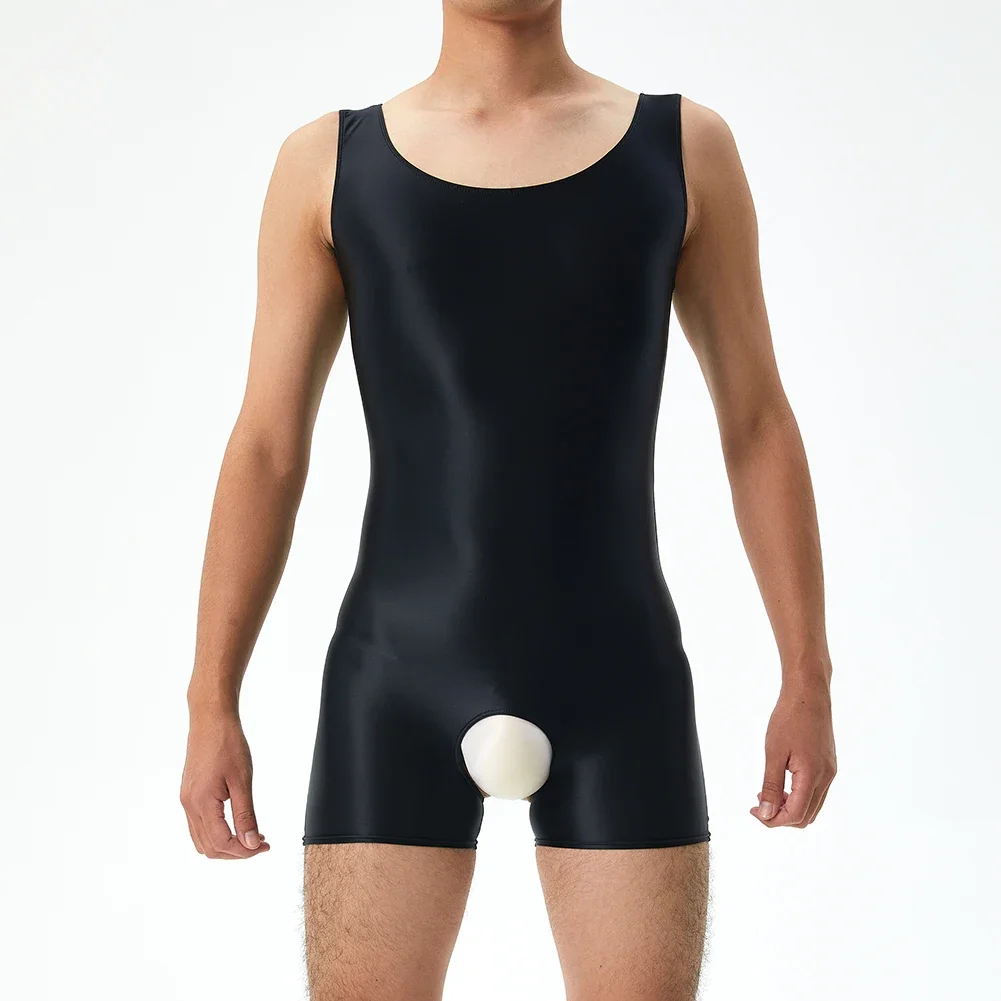 Mens Glossy Crotchless Underwear Bodysuit High Elasticity Jumpsuits Sexy Lingerie Sleeveless Shorts Sheer Playsuit