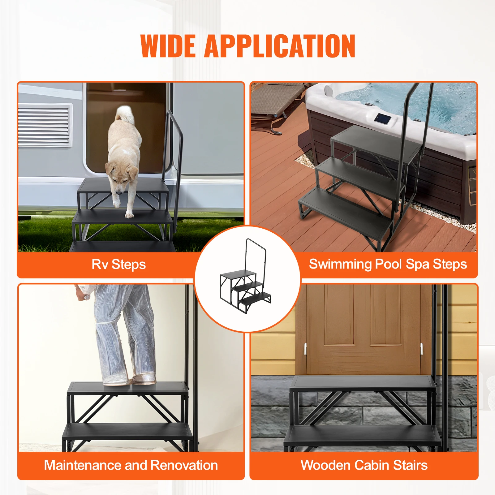 VEVOR RV Steps 3-Step RV Stairs 440 LBS Load Capacity Thickened Carbon Steel With Handrail Non-Slip Steps for Safe Entry Exit