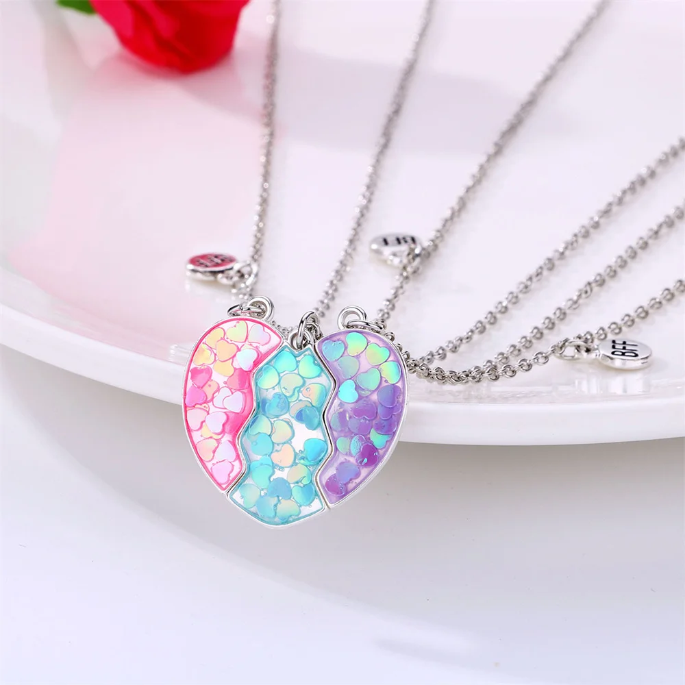 3pcs Stitching Heart Colorful Sequins Magnetic Pendant Necklace Stitching Fashion Simple Design Daily Casual Friendship Jewelry 3