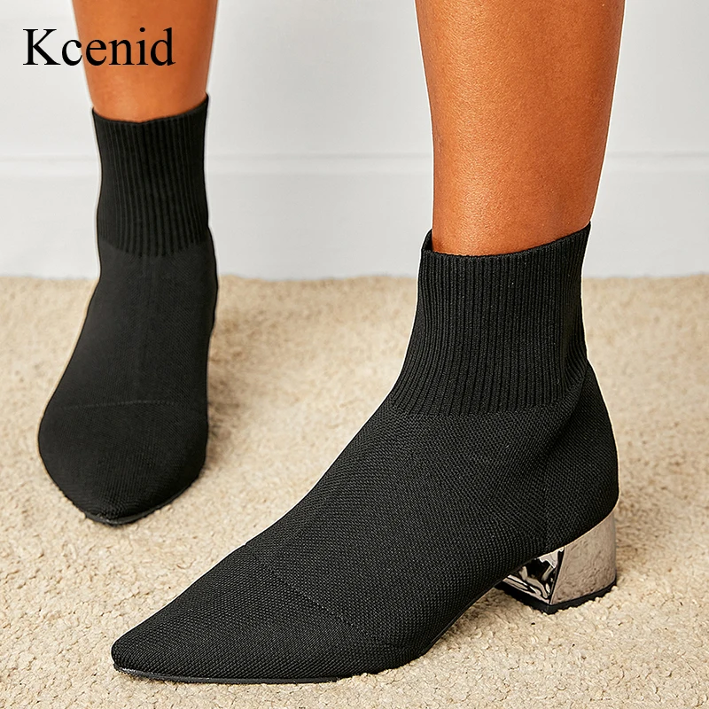 

Kcenid Black Knitted Stretch Fabric Socks Boots Women Autumn Winter Shoes Metal Square Heels Pointed Toe Female Ankle Booties