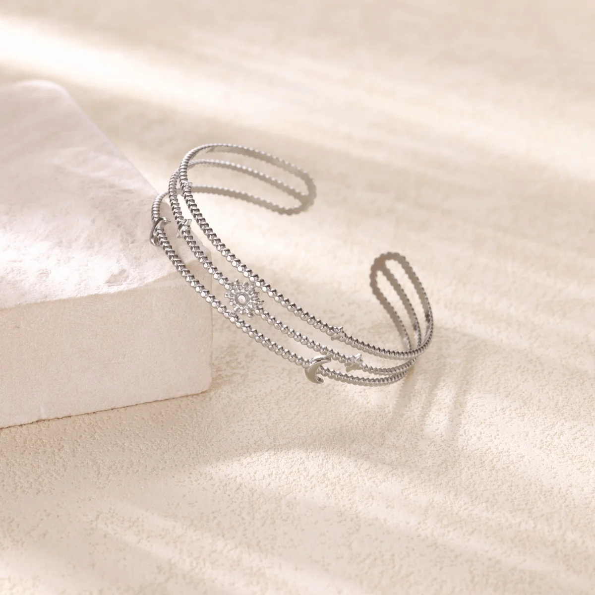 Multi-layered Stars Moon Sun Bangle For Women Gold Color Stainless Steel Bangle