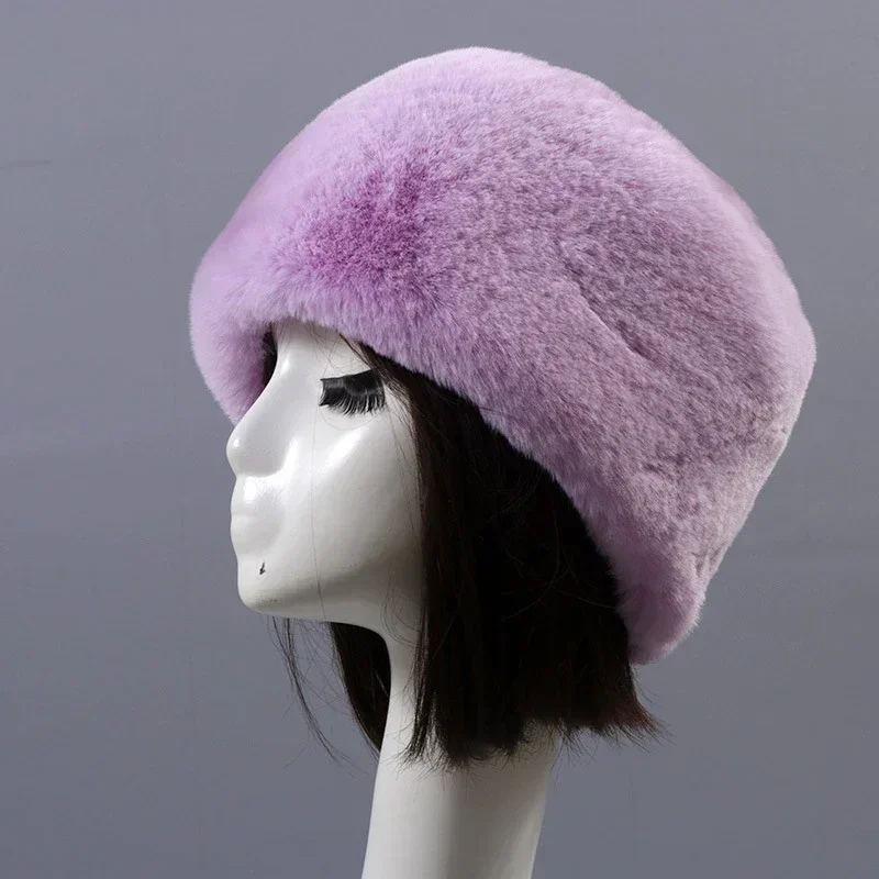 Faux Fur Hats for Women Fluffy Russian Hat Winter Cap Ears Warm Female Beanies Solid Color Leopard Print Bonnets 5