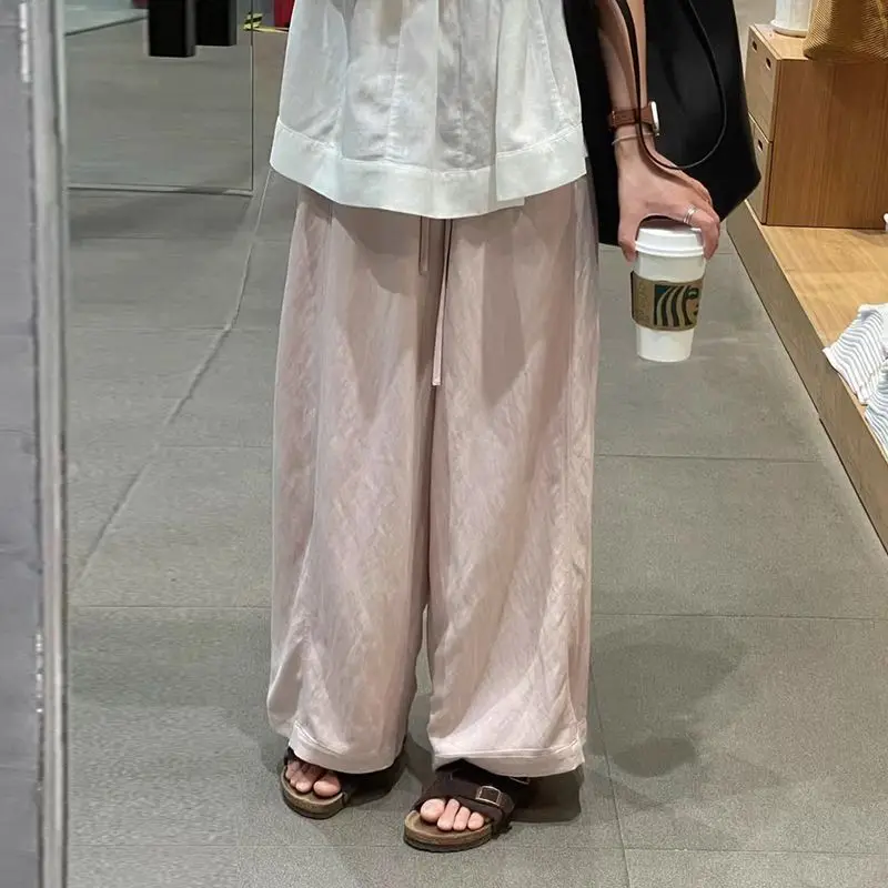 여름 출산용 경량 바지 드로스트링 허리 긴 루즈핏 캐주얼 임산부 와이드 레그 팬츠 베이지 핑크