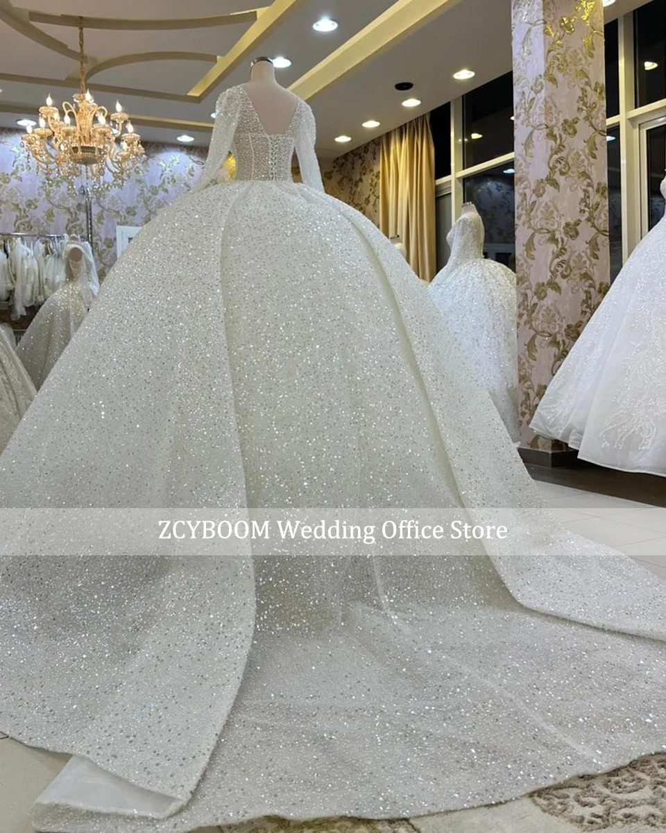 Luxuriöse Dubai Funkelnde Perlen Verzierte Prinzessin Hochzeitskleider 2026 Lange Ärmel Sweetheart Ballkleid Brautkleider Vestidos De Noiva – Detail 4