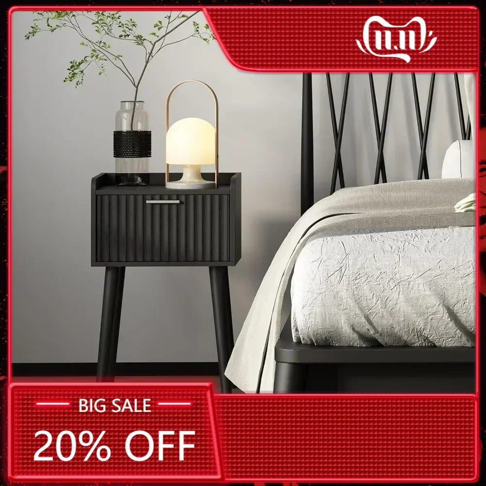 Nightstand Set of 2, Small Bed Side Table with Fluted Door, End Table with Solid Wood Legs, Mid-Century Bedside Table for Bedro