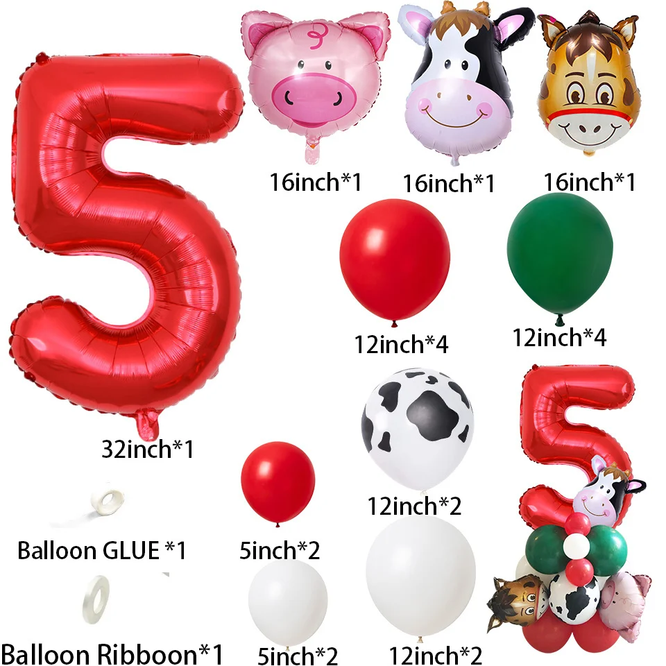 22pcs Farm Animal Theme Cow/Pig Balloons Tower Set 1-9inch Red Balloon Kids Happy Birthday Party Decoration Farm Party Supply